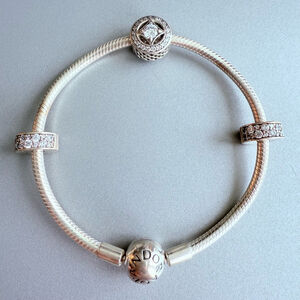 Pandora Sterling Silver 925 ALE Cable Bracelet Allure 2 Pave Clip Charms Retired